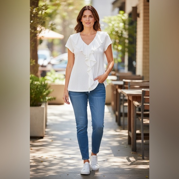 Sundance Tops - Sundance White XL 100% linen cap,sleeves top w/ a 2.5” ruffle